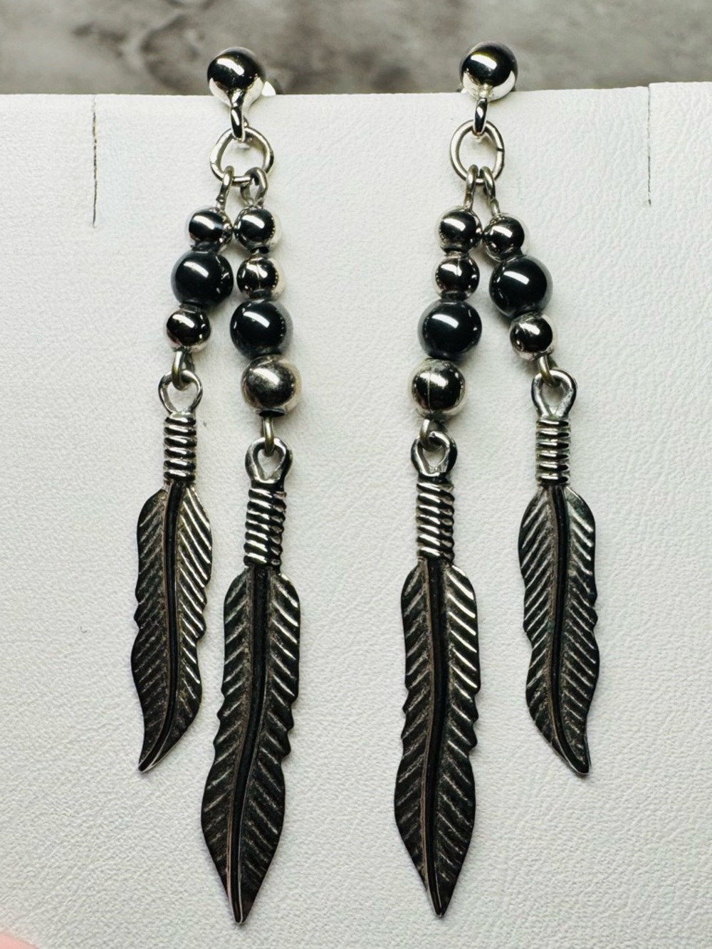 Feather Dangle Earrings Black & Silver Tone Beaded Boho Southwest